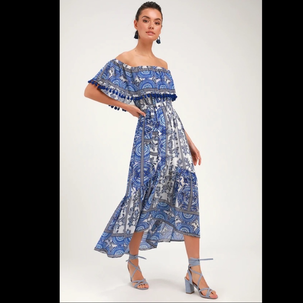 De La Sol Blue and White Print Off-the-Shoulder Midi Dress
